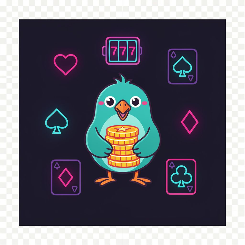 Neon casino-style interface illustration with coins and cards
